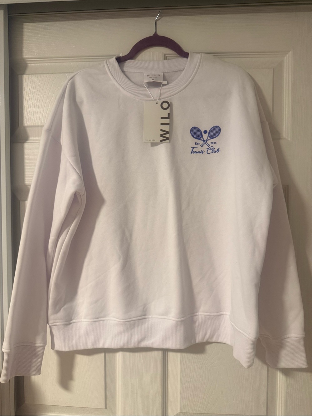 Willow White Crewneck with Blue Tennis Club Embroidery